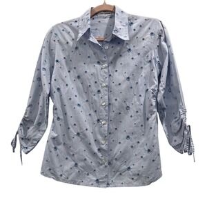 Anne Fontaine Button Down Women 2 Blue Striped Eyelet Embroidered 3/4 Tie Sleeve